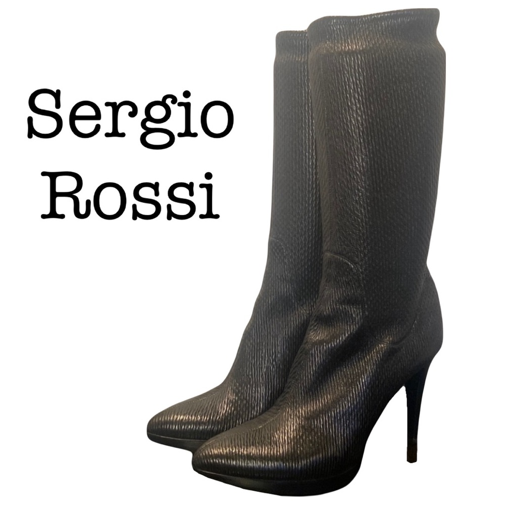 Sergio Rossi Textured Leather Sock Black Boots Size 39 1/2